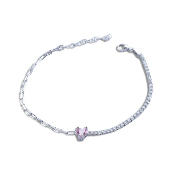 Pembe Taşlı Su Yolu Trend Gümüş Bileklik - Resim 4