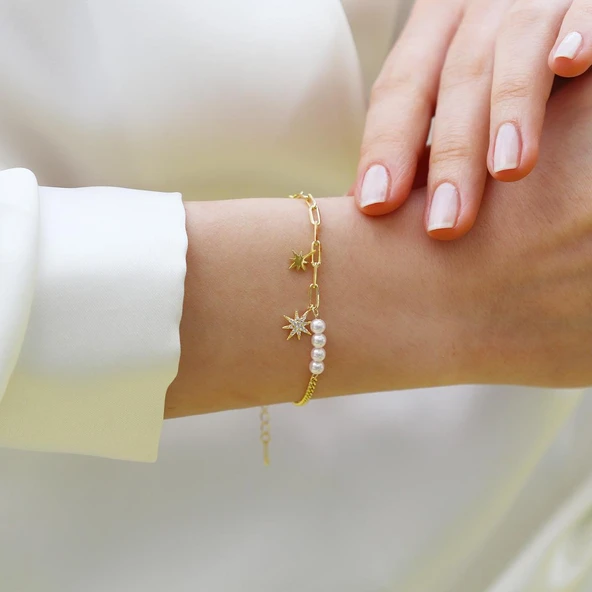 İncili Kutup Yıldızı Gümüş Trend Bileklik - Resim 2