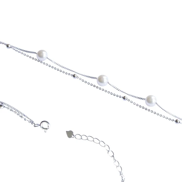 Çift Zincirli İncili Gümüş Bileklik - Resim 8