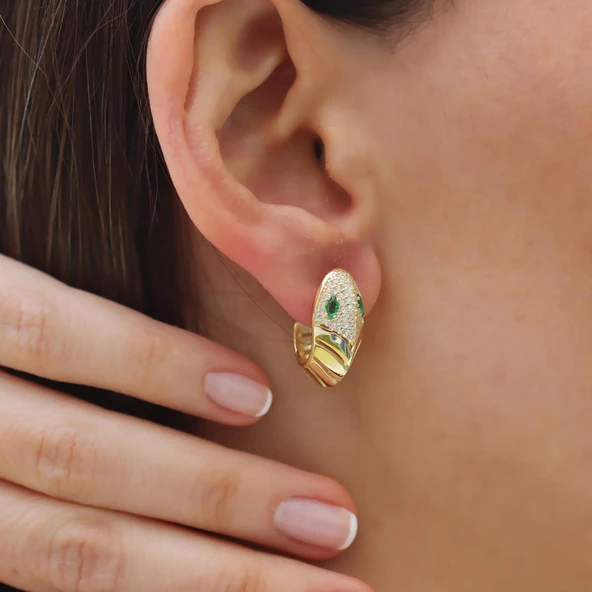 Serpent Modeli Taşlı Gümüş Küpe - Resim 3