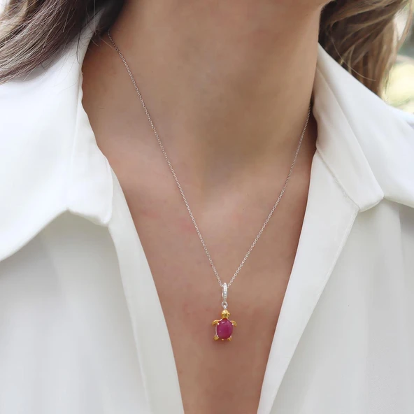 Kaplumbağa Doğaltaşlı Charm Gümüş Kolye - Resim 2