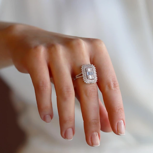 Sky Diamond Baget Kesimli Gümüş Yüzük - Resim 2