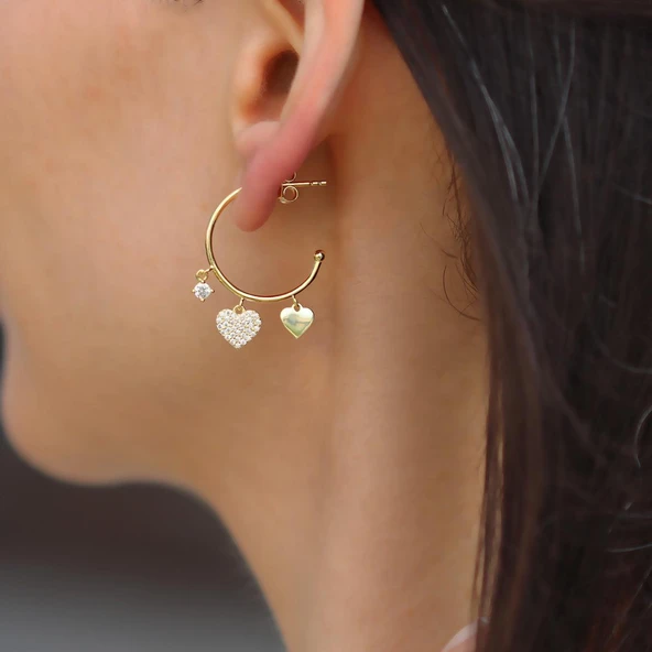 Zirkon Taşlı Kalpli Gold Gümüş Halka Küpe ürün görseli 1