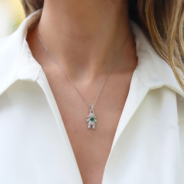 Kalpli Yeşil Zirkon Taşlı Silüet Gümüş Kolye - Resim 2