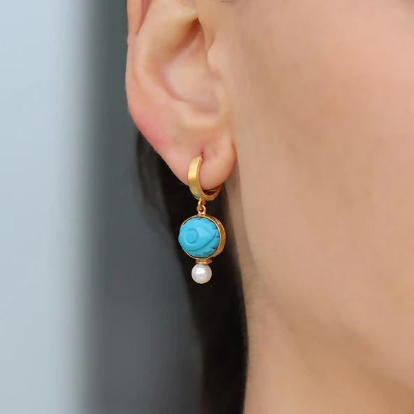 Turkuaz Göz İnci Gold Gümüş Küpe - Resim 3