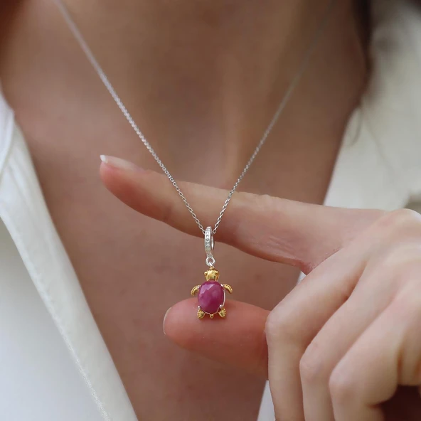 Kaplumbağa Doğaltaşlı Charm Gümüş Kolye - Resim 3