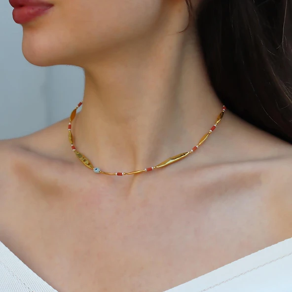 Alaçatı Mercan Taşlı Gold Gümüş Kolye - Resim 3