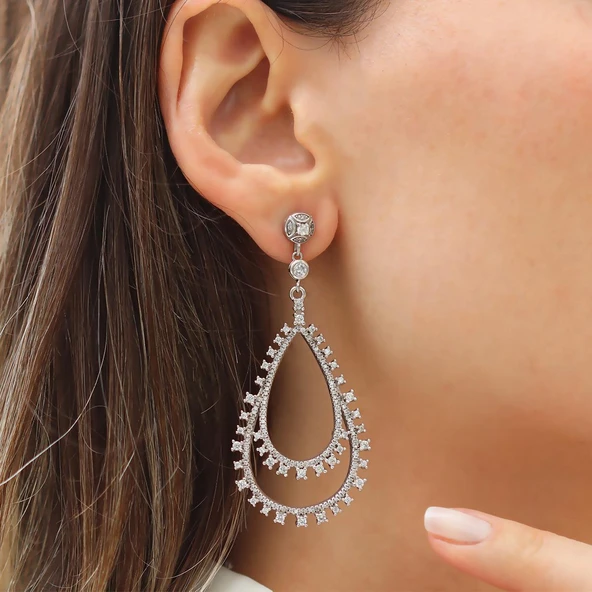 Damla Taşlı Işıltılı Gümüş Küpe - Resim 2