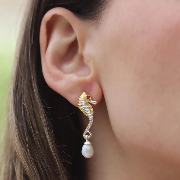 Deniz Atı İncili Gümüş Trend Küpe - Resim 2