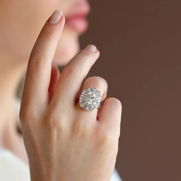 Sky Diamond Baget Oval Kesimli Gümüş Yüzük - Resim 4