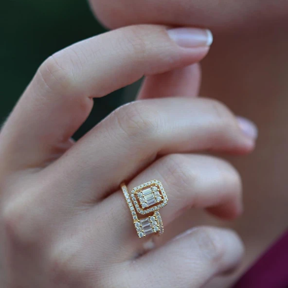 Floral Vine Halo Baget Kesim Gold Kaplama Sky Diamond Gümüş Yüzük ürün görseli 1