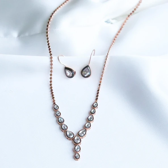 Damla Elmas Montür Modeli Rose Gold Gümüş Set - Resim 4