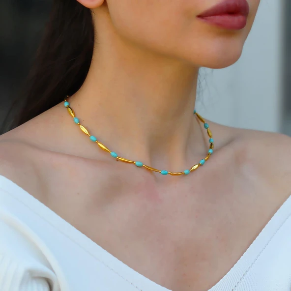 Turkuaz Taşlı Alaçatı Doğaltaş Gümüş Kolye - Resim 4