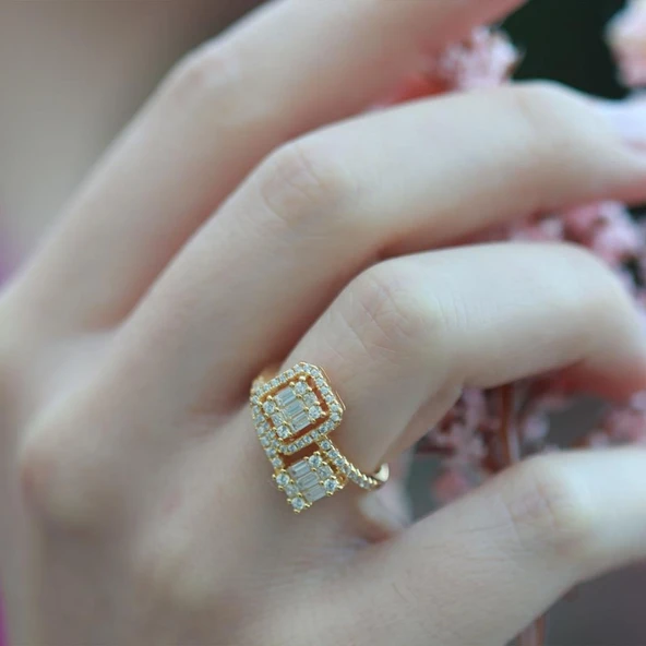 Floral Vine Halo Baget Kesim Gold Kaplama Sky Diamond Gümüş Yüzük - Resim 3