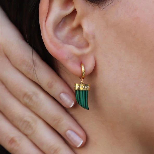 Malahit Taşlı Fildişi Gold Gümüş Küpe - Resim 2