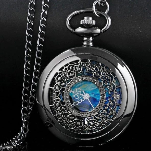 Valkyrie Vincent Van Gogh "Yıldızlı Gece" Temalı Antik Oyma Detaylı Sanatsal Köstekli Cep Saati Kolye - 7