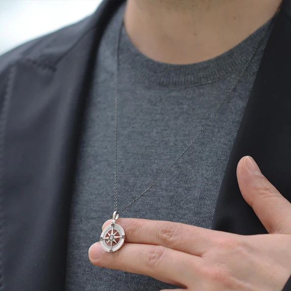 Pusula Gümüş Siyah Rodyum Gümüş Erkek Kolye - Resim 3