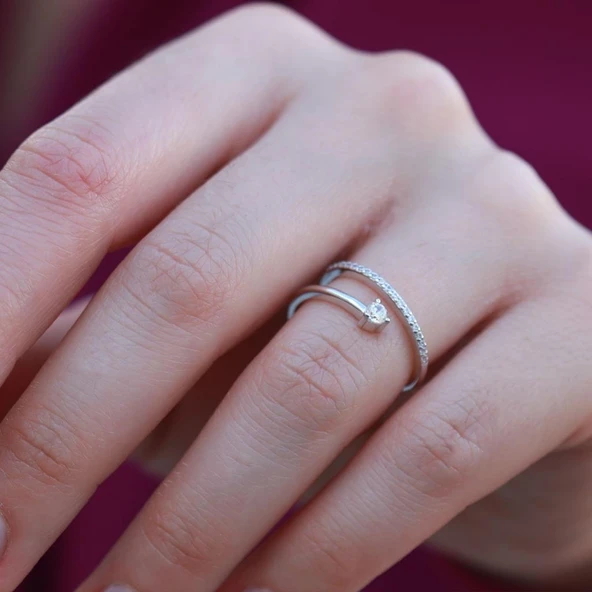 YarımTur Ve Tek Taş Bölünmüş Sky Diamond Yüzük - Resim 2