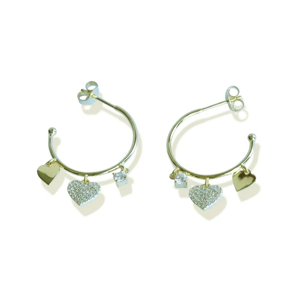 Zirkon Taşlı Kalpli Gold Gümüş Halka Küpe - Resim 4