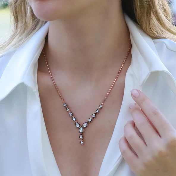 Damla Elmas Montür Modeli Rose Gold Gümüş Set - Resim 2