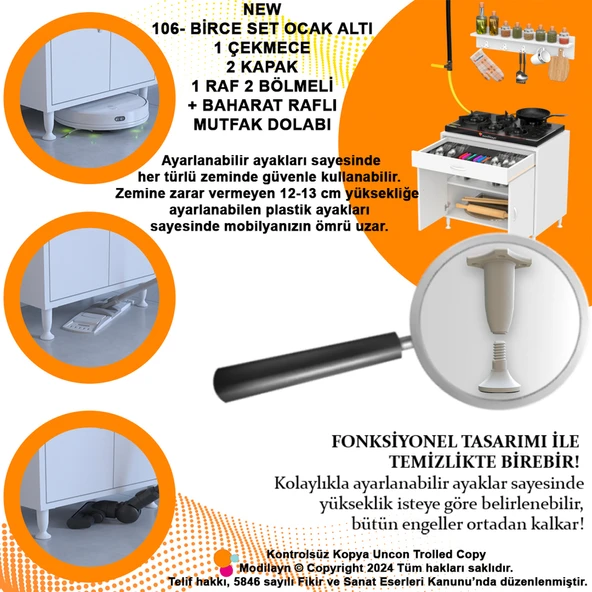 Modilayn QPLAS (XXL) Set Ocak Altı Dolap 75x88x56 cm. Çekmeceli, kapaklı, raflı ve baharat raflı. - 7