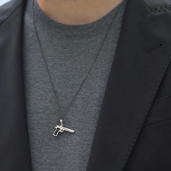 Figürlü Siyah Rodyum Kaplama Gümüş Kolye - Resim 2