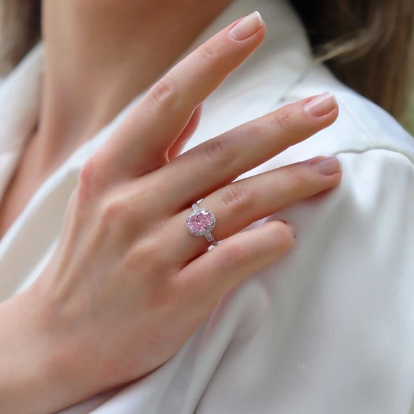 Pembe Zirkon Taşlı Oval Gümüş Yüzük ürün görseli 1