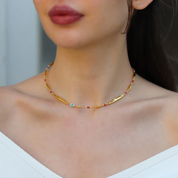 Alaçatı Mercan Taşlı Gold Gümüş Kolye ürün görseli 1