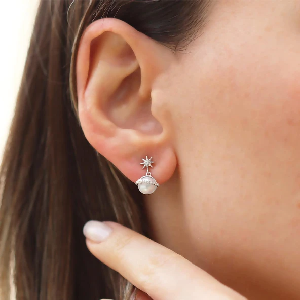 Mini İncili Kutup Yıldızı Gümüş Küpe - Resim 5