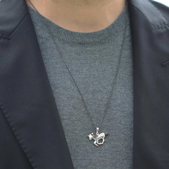 At Figürlü Siyah Rodyum Kaplama Gümüş Erkek Kolye ürün görseli 1