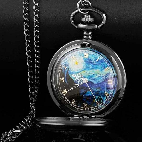 Valkyrie Vincent Van Gogh "Yıldızlı Gece" Temalı Antik Oyma Detaylı Sanatsal Köstekli Cep Saati Kolye - 3