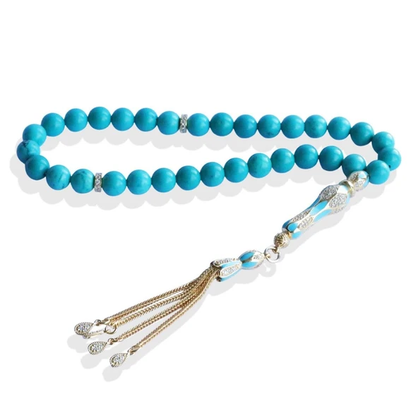 Turkuaz Doğaltaşlı Gold Gümüş Tesbih - Resim 2
