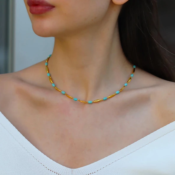 Turkuaz Taşlı Alaçatı Doğaltaş Gümüş Kolye - Resim 3