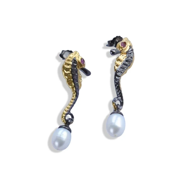 Deniz Atı İncili Gümüş Trend Küpe - Resim 8