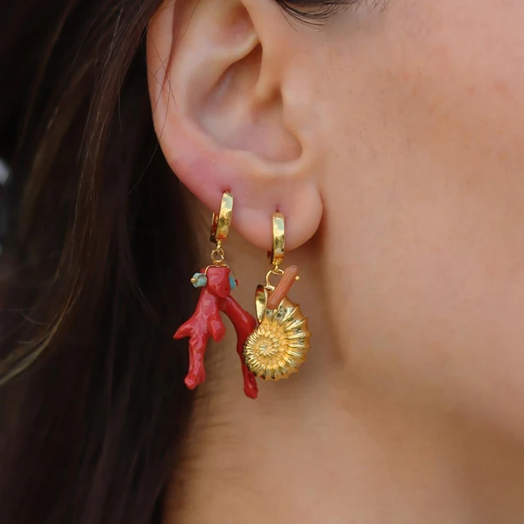 Mercan Deniz Kabuğu Gold Gümüş Küpe - Resim 2