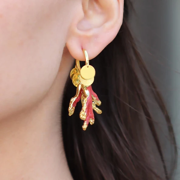 Mercan Modeli Pul Gold Gümüş Küpe - Resim 2