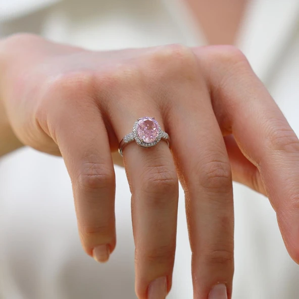 Pembe Zirkon Taşlı Oval Gümüş Yüzük - Resim 2