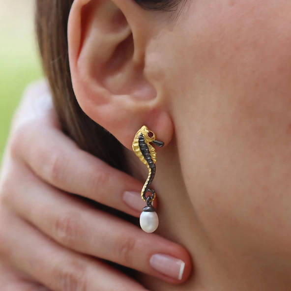 Deniz Atı İncili Gümüş Trend Küpe - Resim 6