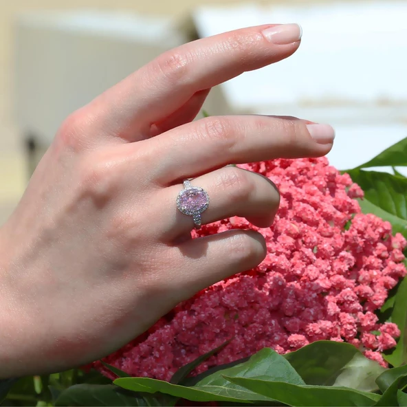 Pembe Zirkon Taşlı Oval Gümüş Yüzük - Resim 4