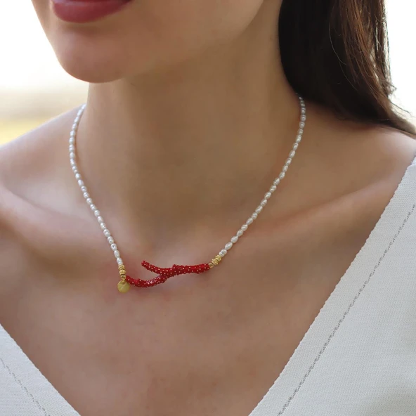 Mercan İncili Gold Doğaltaşlı Gümüş Kolye - Resim 3