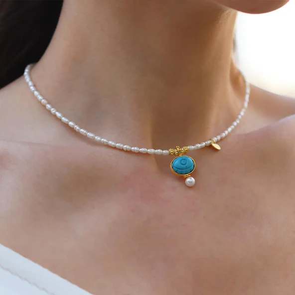 Göz Turkuaz İncili Gold Doğaltaşlı Gümüş Kolye - Resim 4