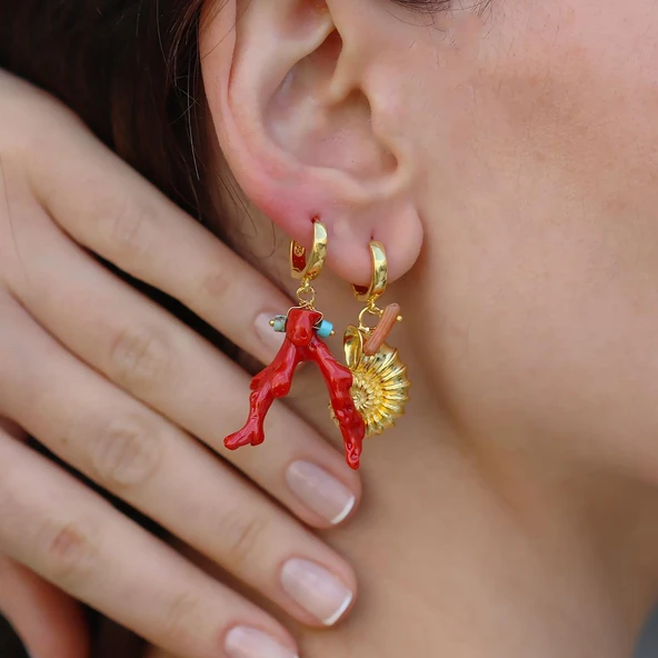 Mercan Deniz Kabuğu Gold Gümüş Küpe - Resim 3