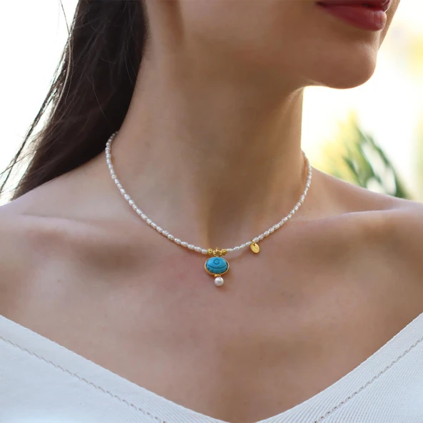 Göz Turkuaz İncili Gold Doğaltaşlı Gümüş Kolye ürün görseli 1