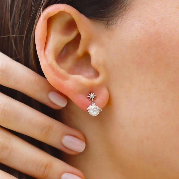 Mini İncili Kutup Yıldızı Gümüş Küpe - Resim 6