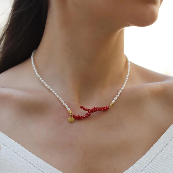 Mercan İncili Gold Doğaltaşlı Gümüş Kolye ürün görseli 1