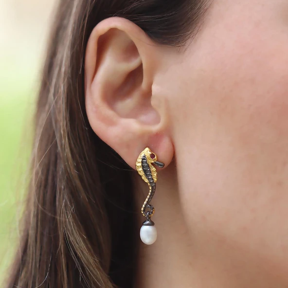 Deniz Atı İncili Gümüş Trend Küpe - Resim 5