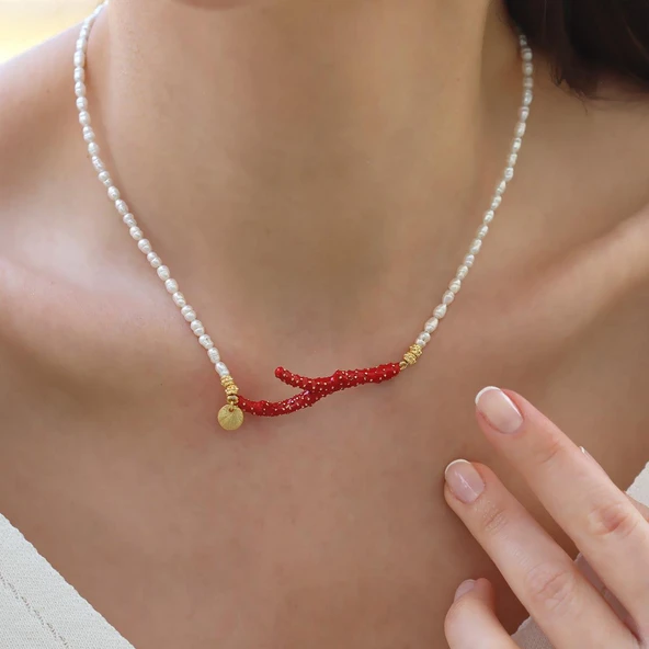 Mercan İncili Gold Doğaltaşlı Gümüş Kolye - Resim 4