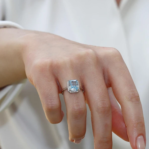 Baget Aquamarine Icecut Taşlı Gümüş Yüzük - Resim 4
