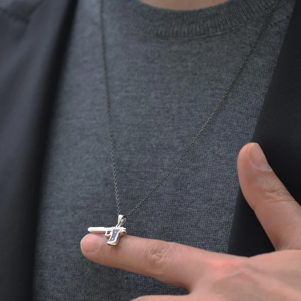 Figürlü Siyah Rodyum Kaplama Gümüş Kolye - Resim 3