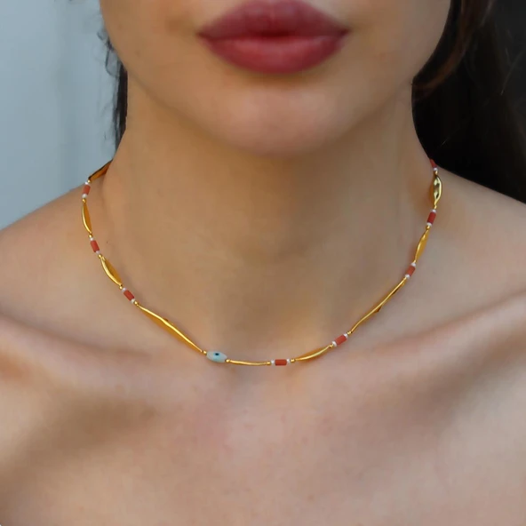 Alaçatı Mercan Taşlı Gold Gümüş Kolye - Resim 2